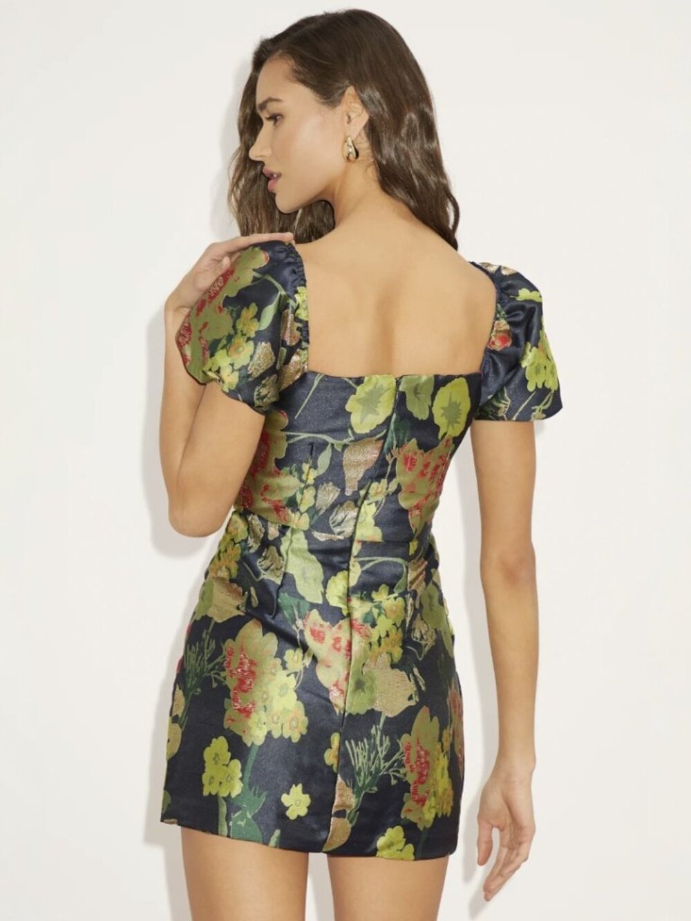 Lulus So Stunning Navy Blue Floral Jacquard Puff Sleeve Mini Dress NWT - Picture 5 of 16